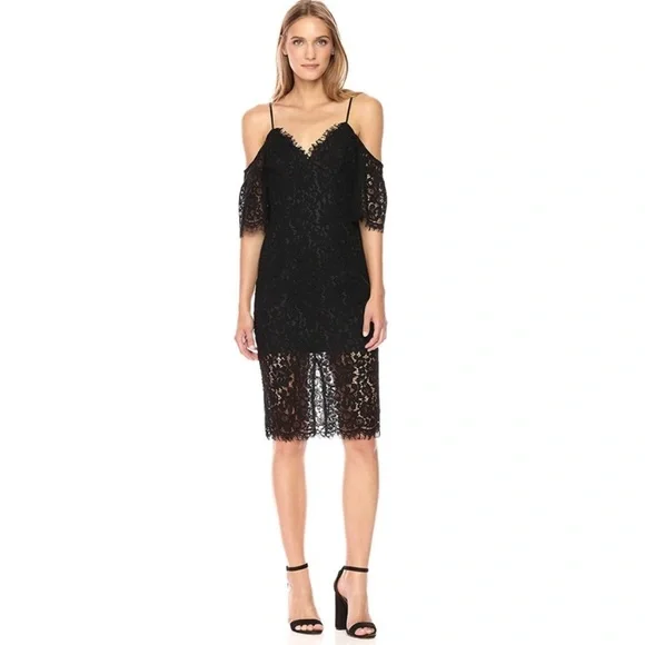 Bardot Karlie Lace Off-The-Shoulder Dress knee length black size Medium cocktail - Picture 2 of 16